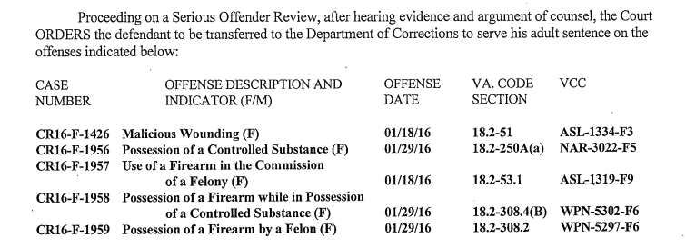 Transfer Order to the Virginia Department of Corrections for Tabias McClain